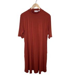 Susan Graver Womens brick Red Liquid Knit Midi Dress 1X Mock Neck